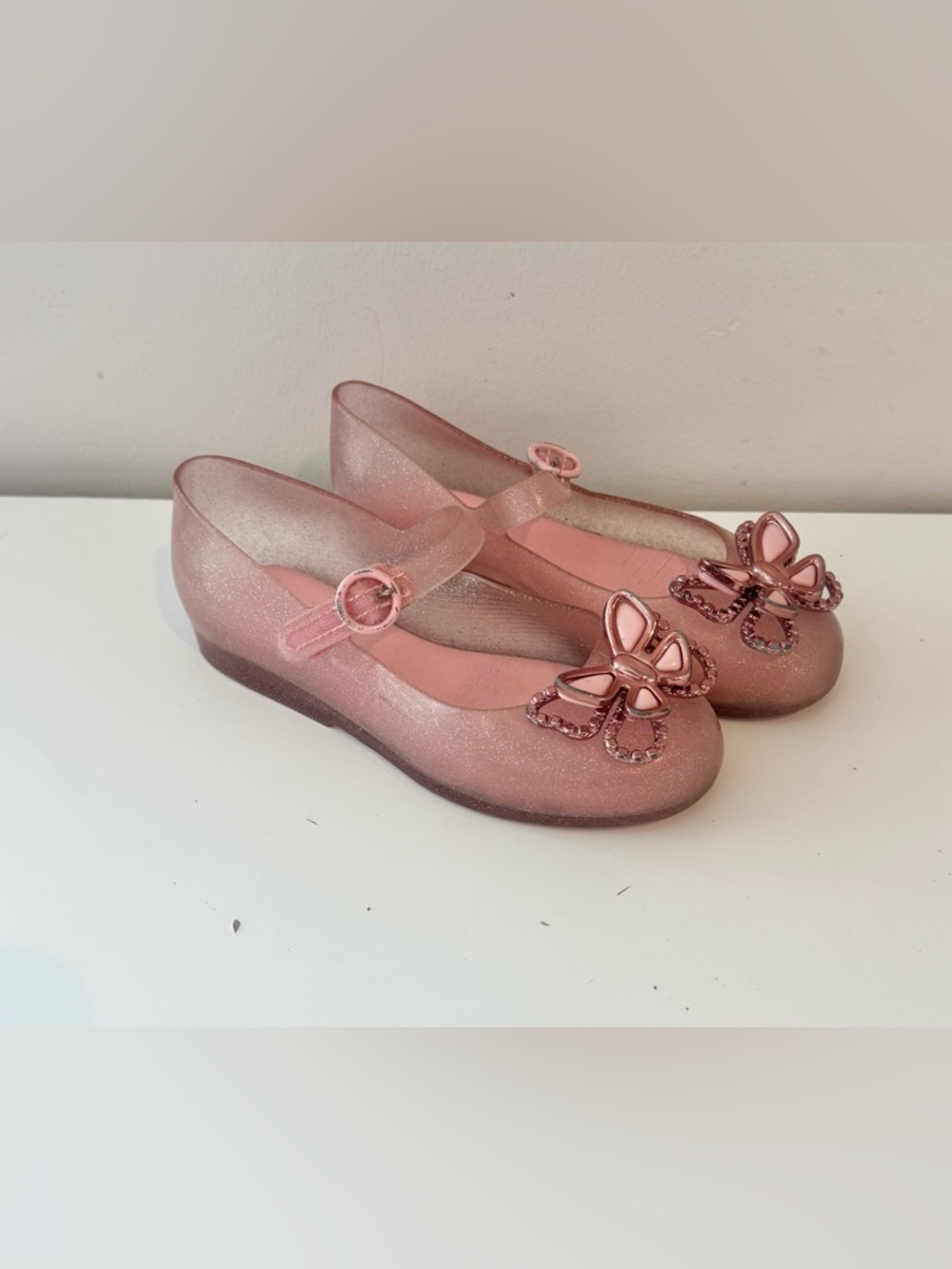 MINI MELISSA 12 Girls Sweet Love Butterflies Jelly Mary Jane Shoes Glitter Pink